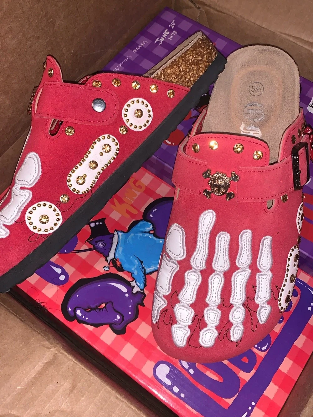 Black Flame Skeletal Slip-On Clogs with Buckle Strap